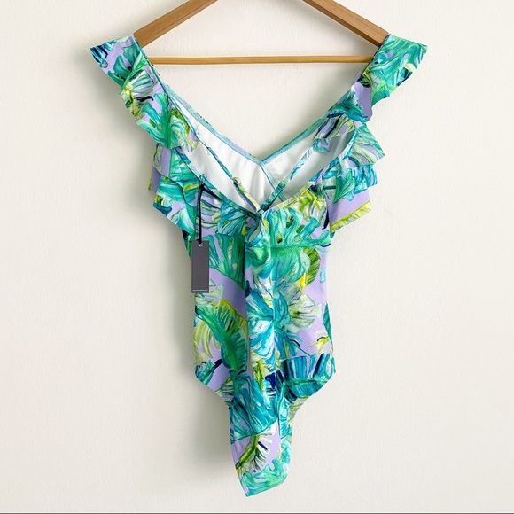 Lovers + Friends Tropical Oasis Ruffle One Piece Swimsuit Lilac Palm XS S NWT - Picture 8 of 12